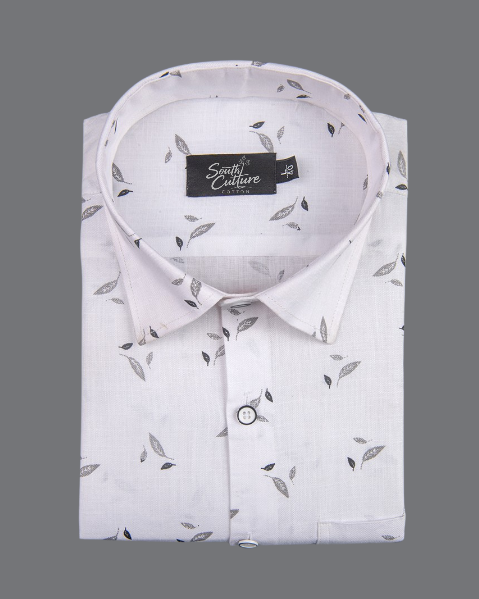 Turkey Linen White with Grey Leaf Print