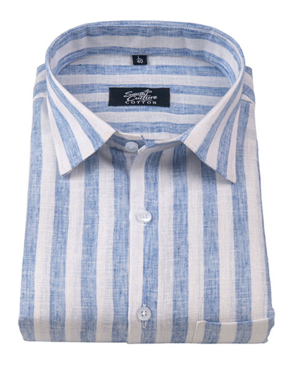 Linen White With Sky Blue Colour Shirt For Men