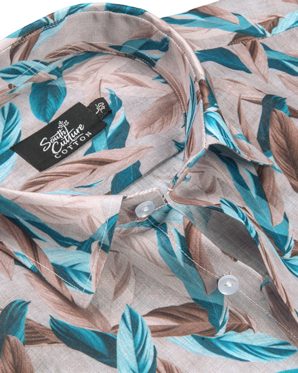 Italian Linen Multi Leaf Print Teal Blue Brown Mix