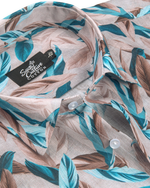 Italian Linen Multi Leaf Print Teal Blue Brown Mix