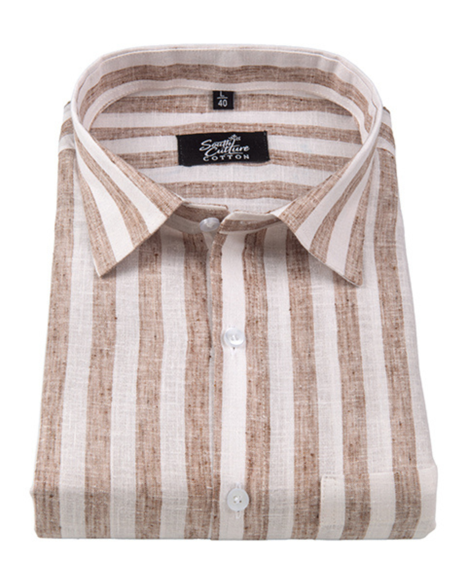 Linen White With Brown Colour Patta Print Shirt For Men