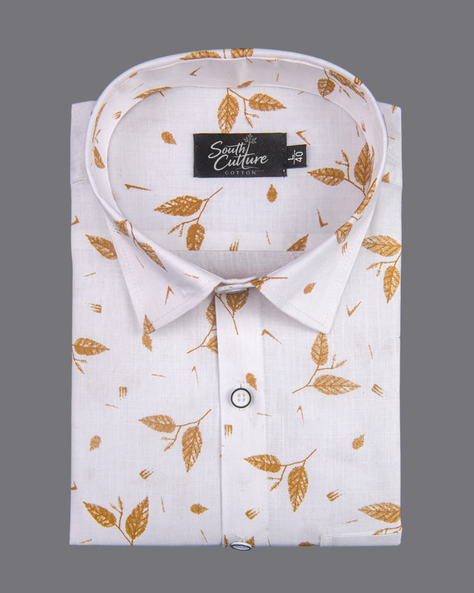 Turkey linen white with mustard-colored botanical leaf print