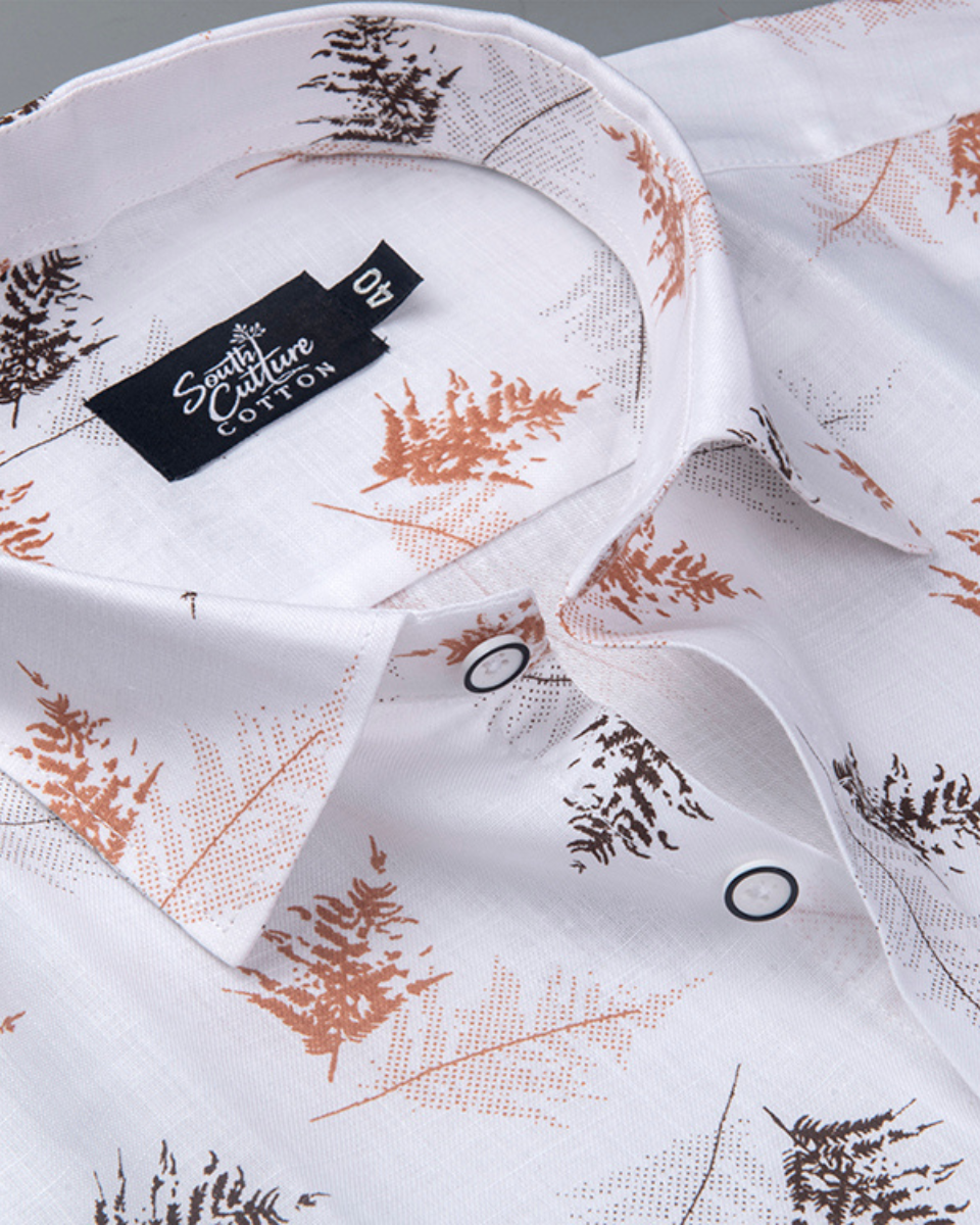 White Cotton Shirt with Rust & Brown Fern Print Men's Shirt