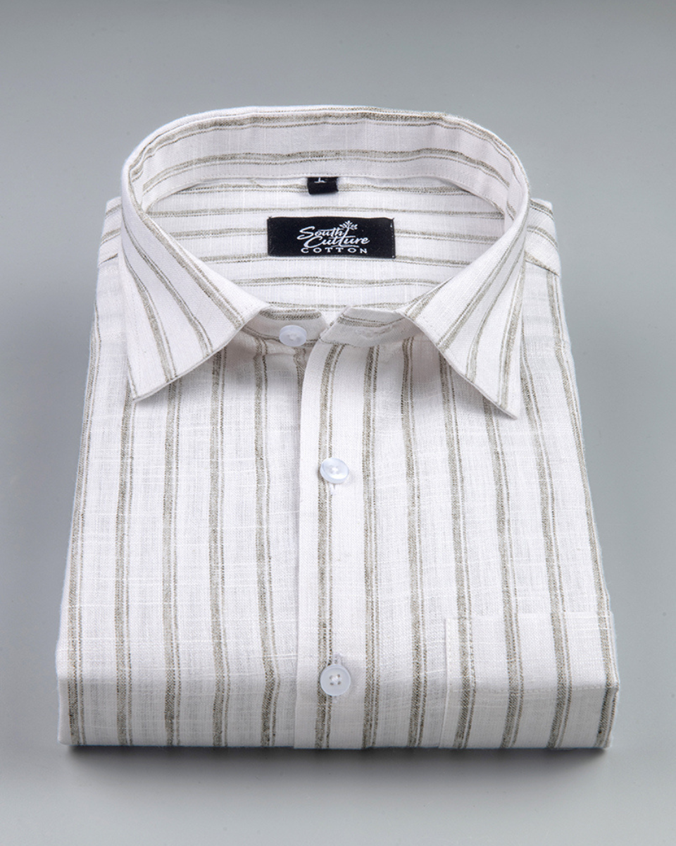 Vertical Stripe Olive Green with White Men Shirt