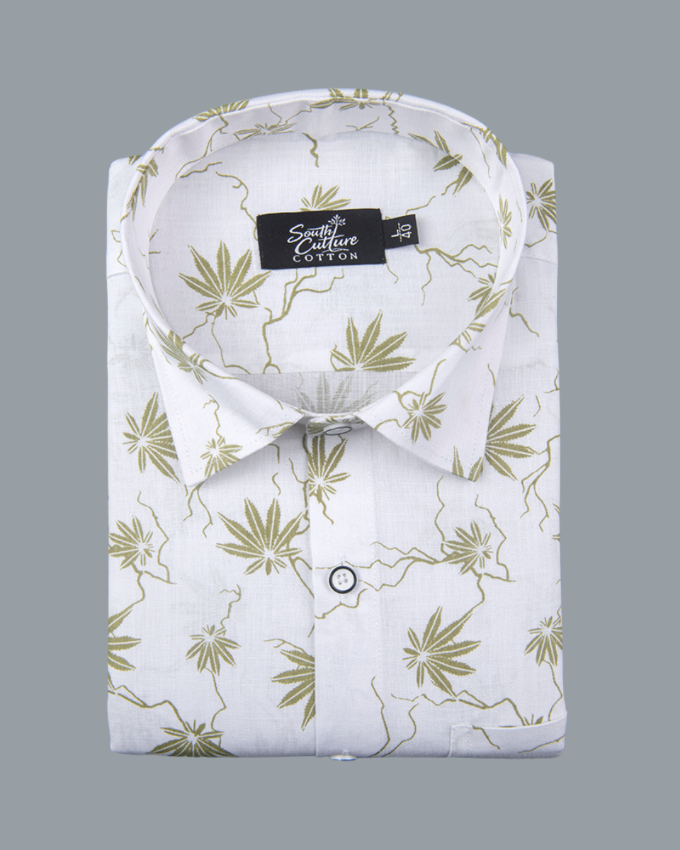 White Cotton Shirt with Olive Palm Leaf Print Men's Shirt