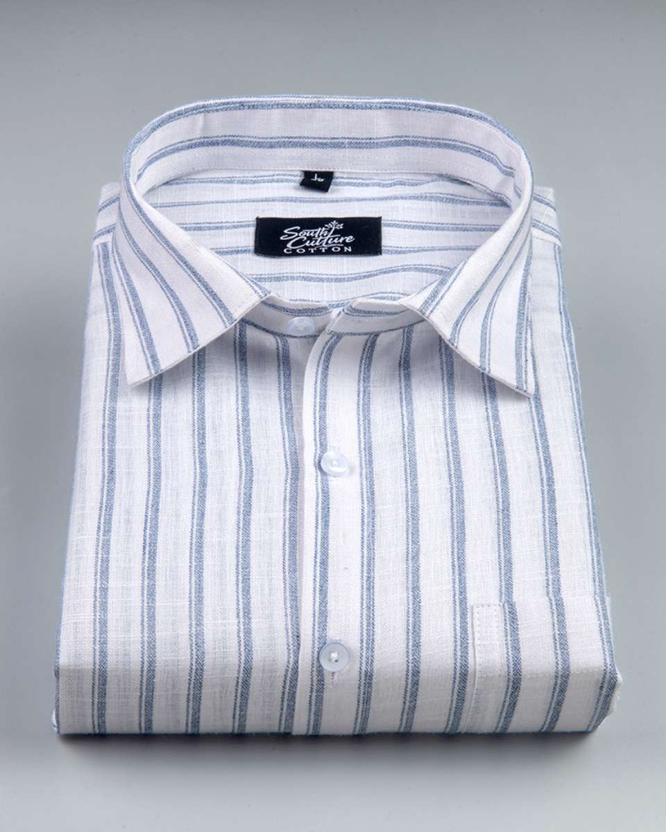 Vertical Stripe White with Blue Stripe Men Shirt