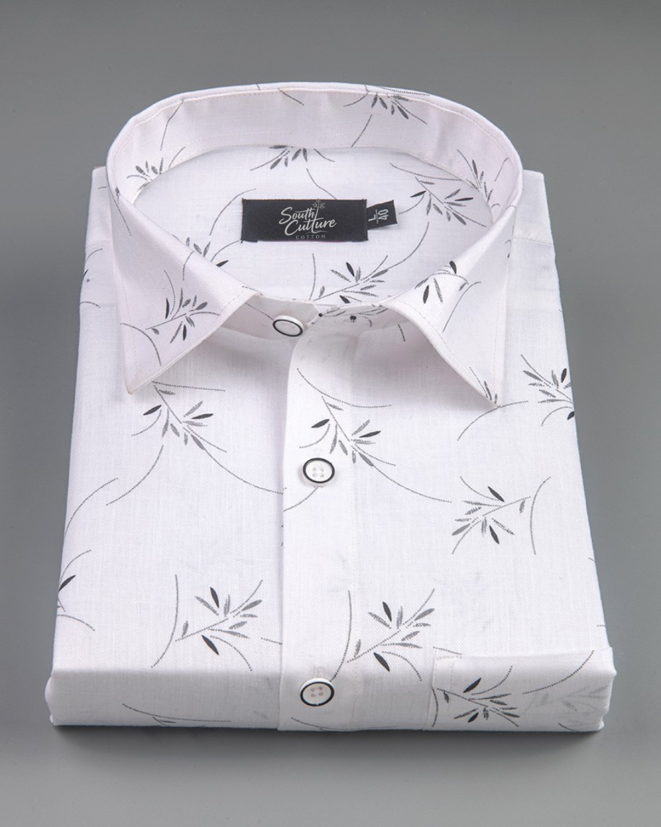 Turkey Linen White with Gray Zen Leaf Print