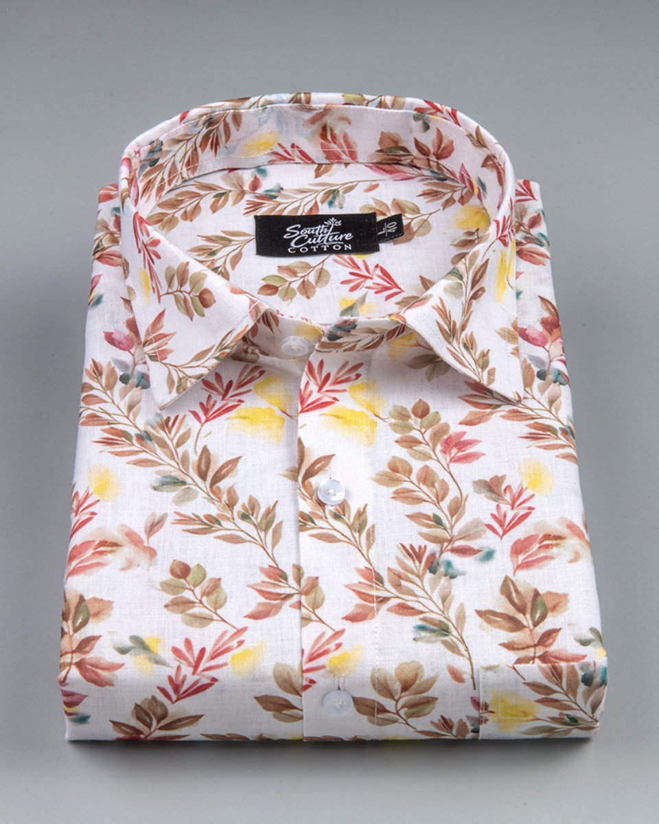 Italian Linen Floral Spring Print Yellow Rust Mix
