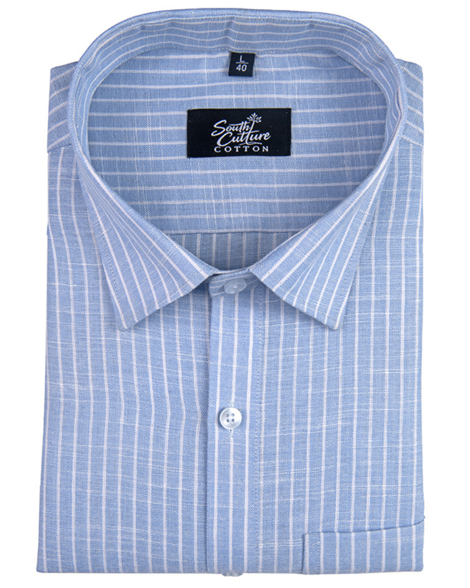 Light Sky Blue Cotton Shirt With Fine White Stripe Men Shirt