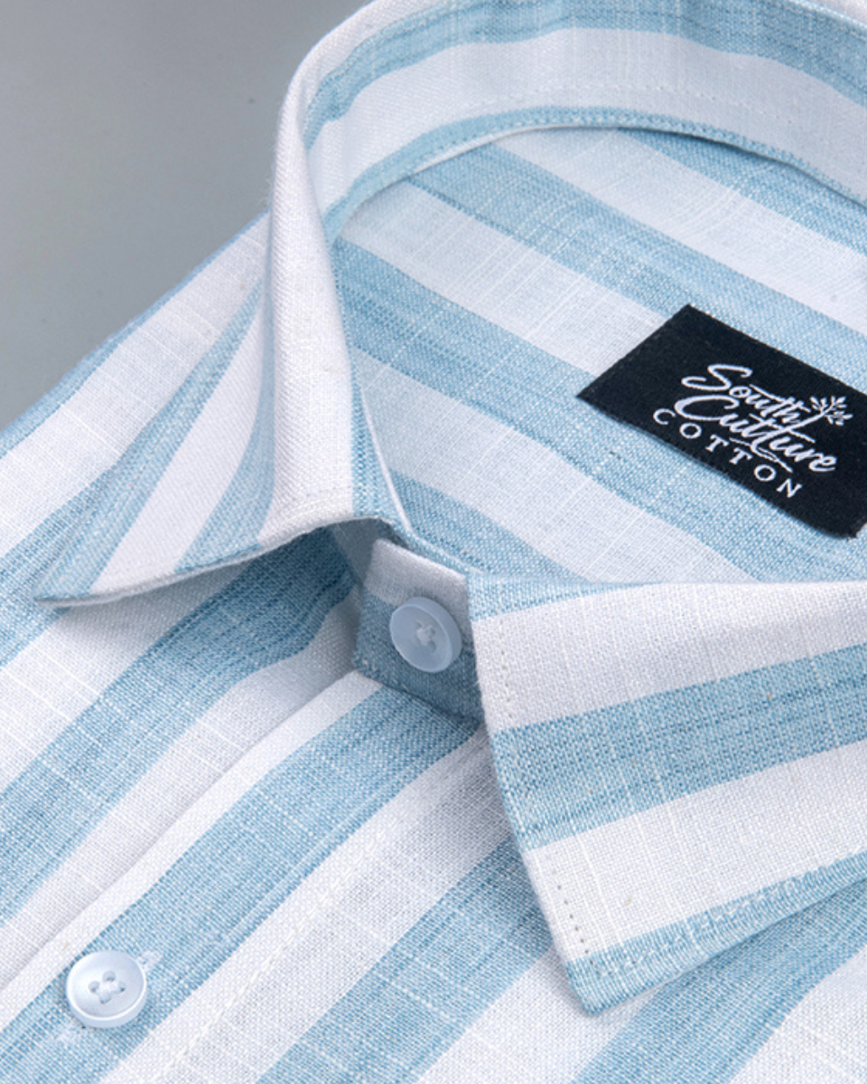 Linen Stripe Sky Blue with White Men Shirt