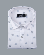 White Cotton Shirt with Small Navy Blue Leaf Print Men's Shirt