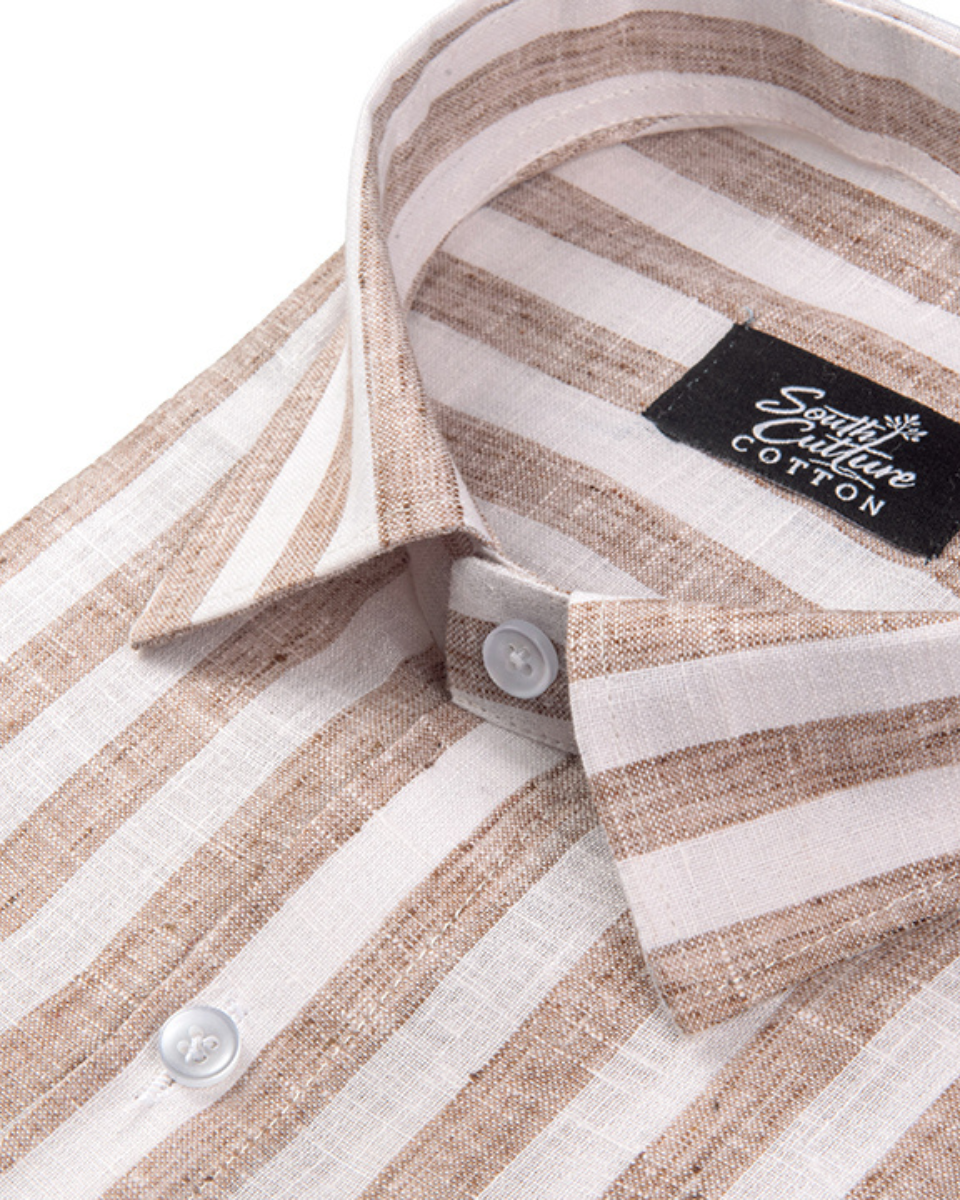 Linen White With Brown Colour Patta Print Shirt For Men
