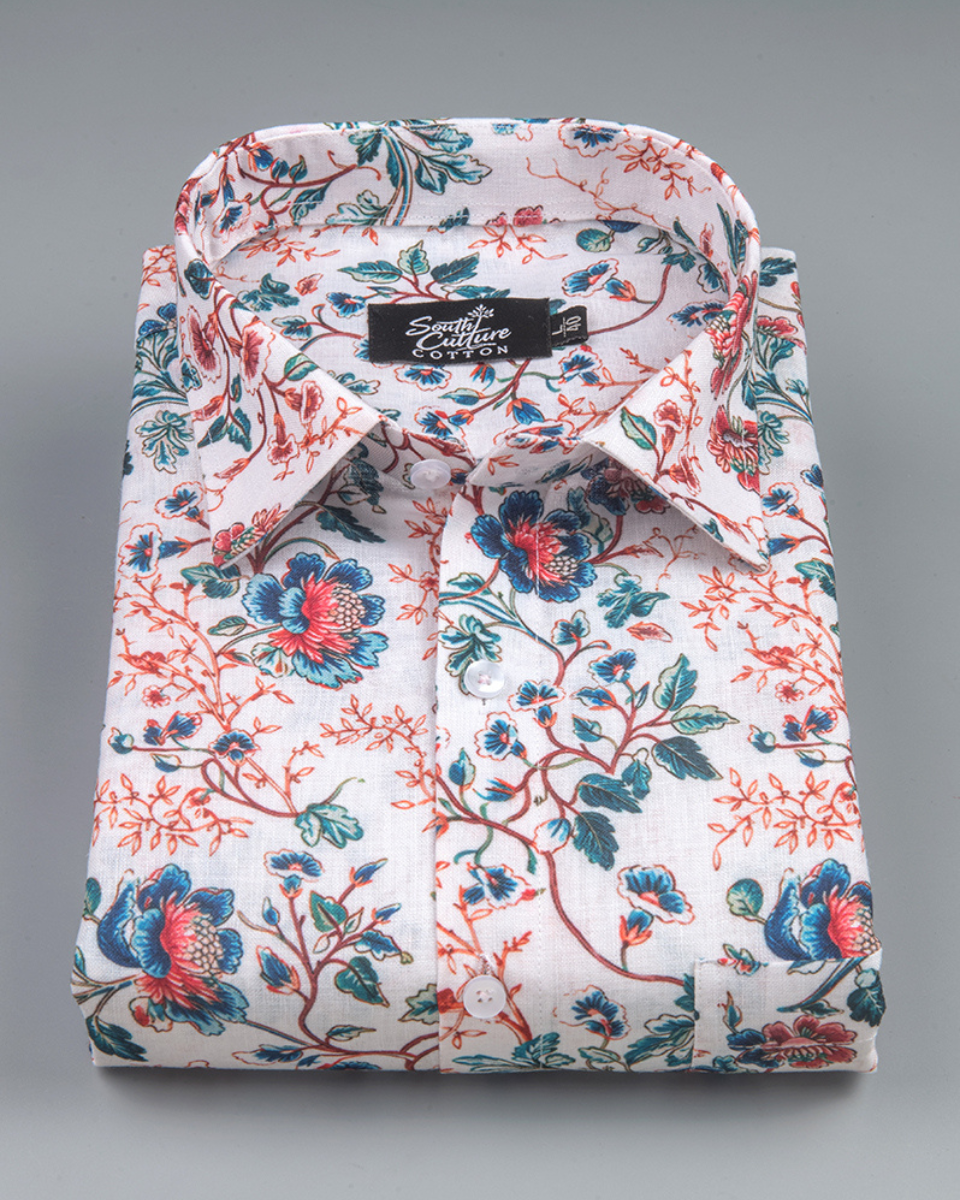 Italian Linen Floral Vine Print Rama Red Mix