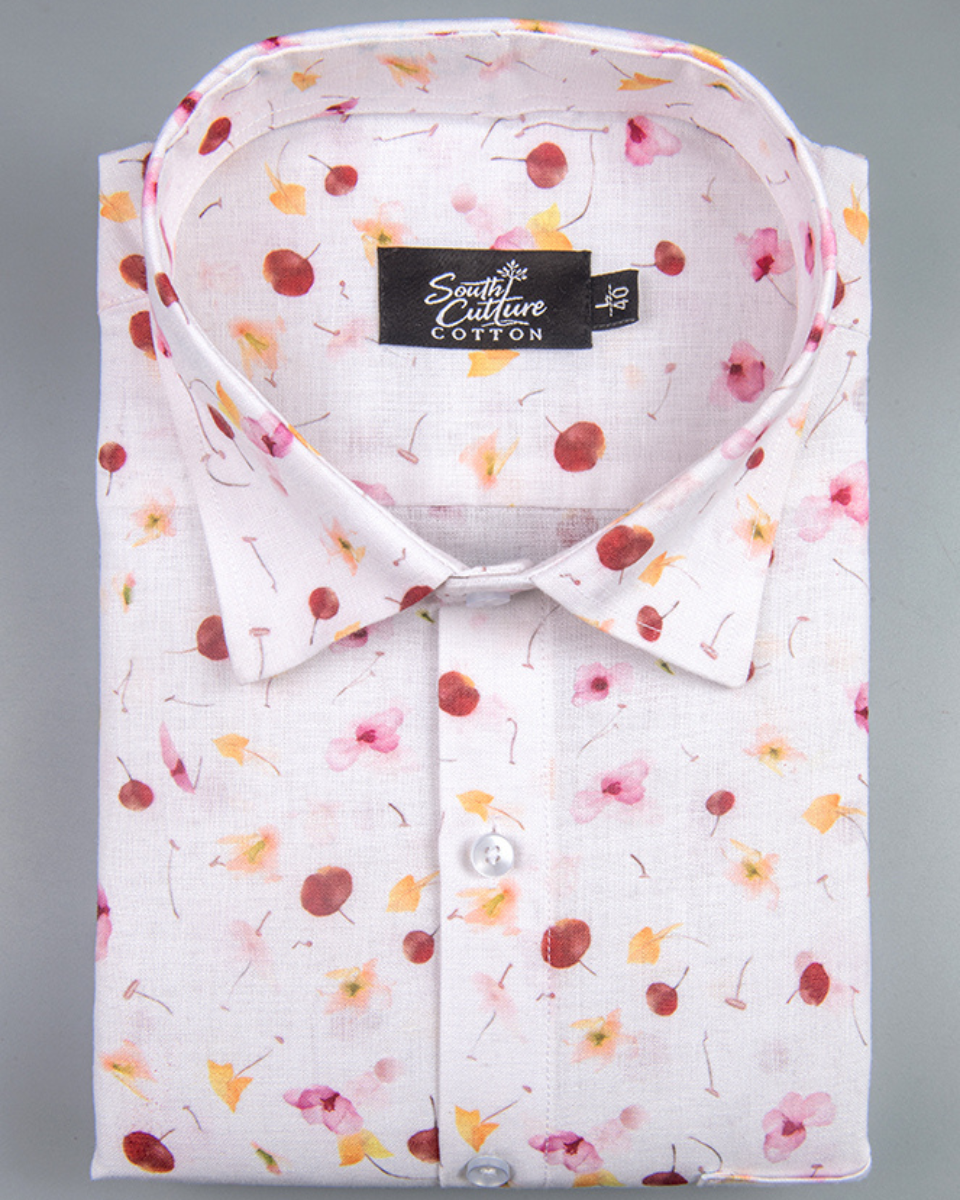 Italian Linen Floral Dots Print Cherry Red Yellow Mix