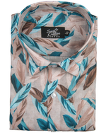 Italian Linen Multi Leaf Print Teal Blue Brown Mix