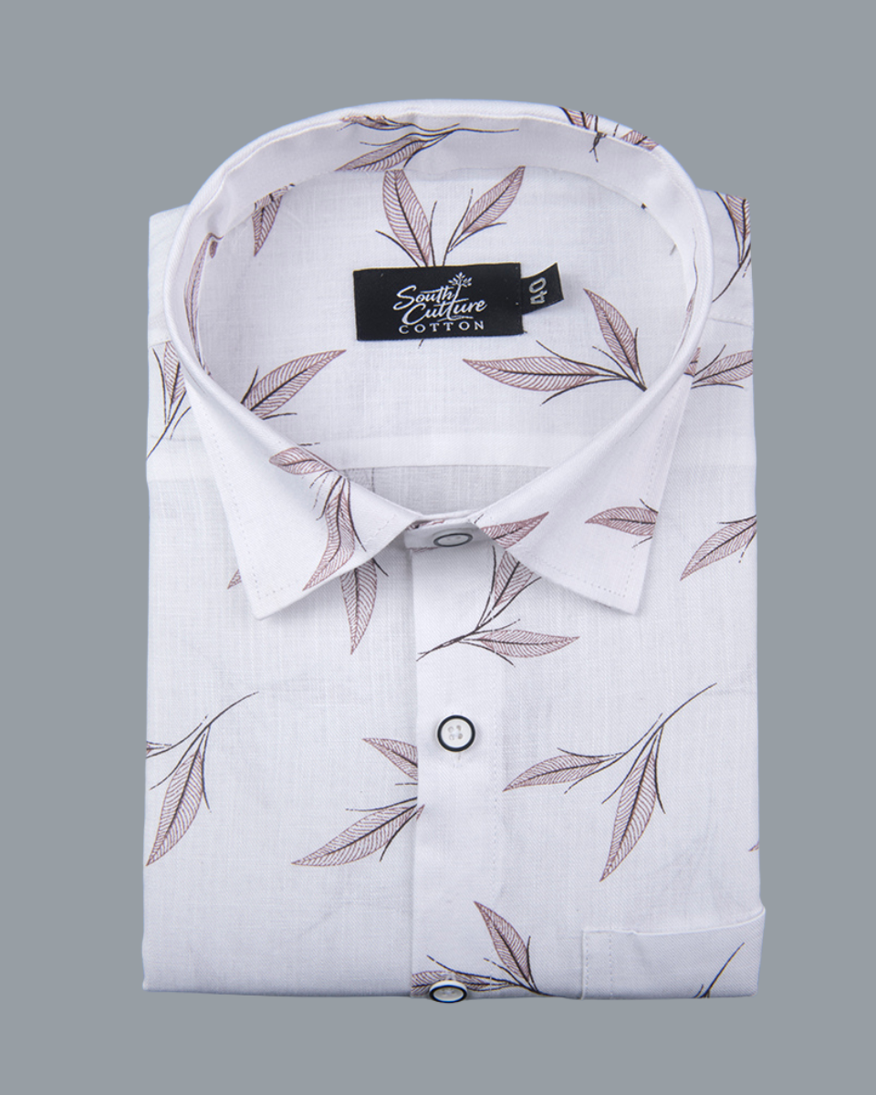 White Cotton Shirt With Brown Leaf Print Men's Shirt