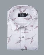 White Cotton Shirt With Brown Leaf Print Men's Shirt