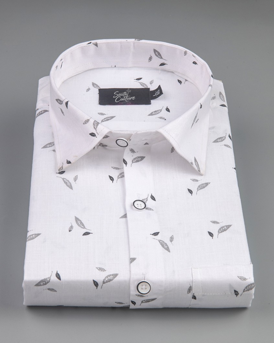 Turkey Linen White with Grey Leaf Print