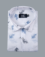 White Cotton Shirt with Blue and Black Fern Print Men's Shirt