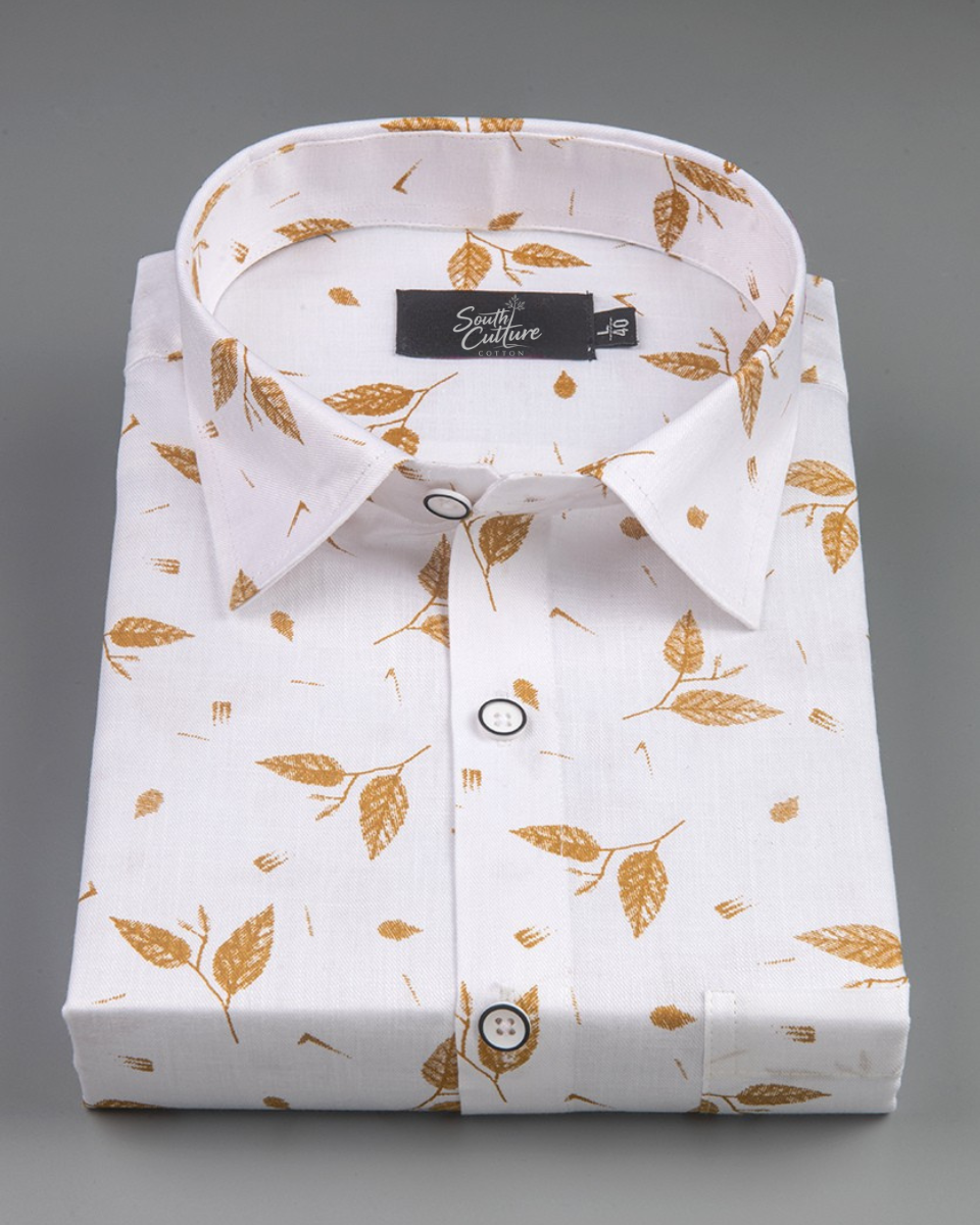 Turkey linen white with mustard-colored botanical leaf print