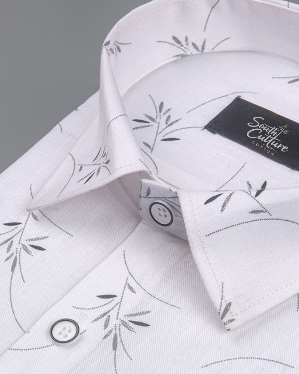 Turkey Linen White with Gray Zen Leaf Print