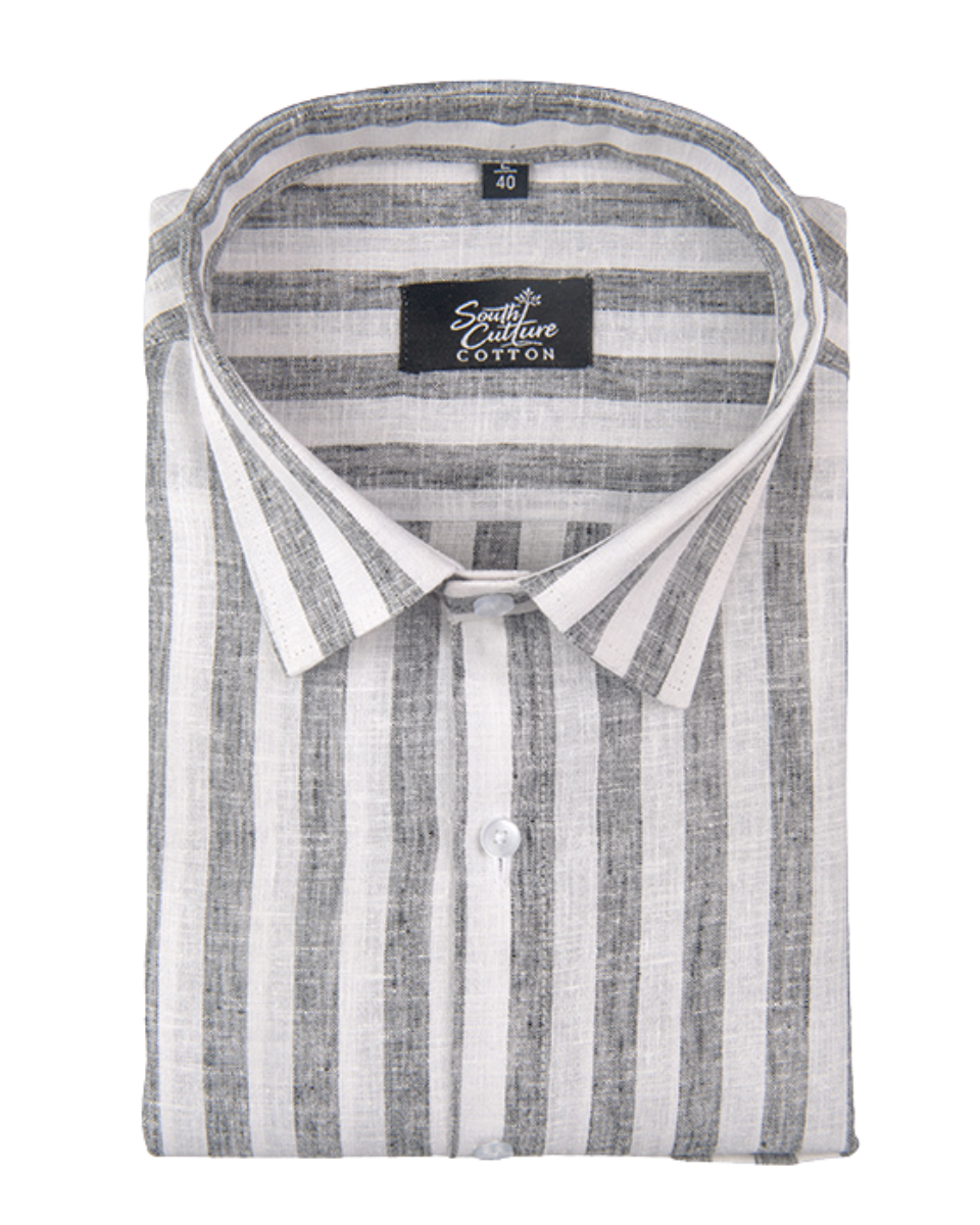 Linen White With Grey Colour Patta Print Shirt For Men