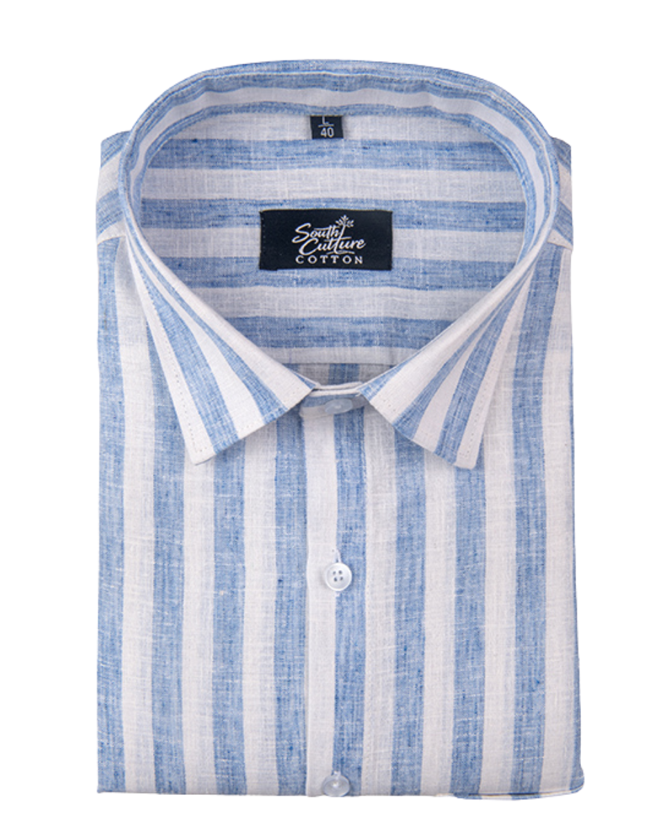 Linen White With Sky Blue Colour Shirt For Men