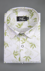Turkey Linen in White with Spring Green Leaf Print