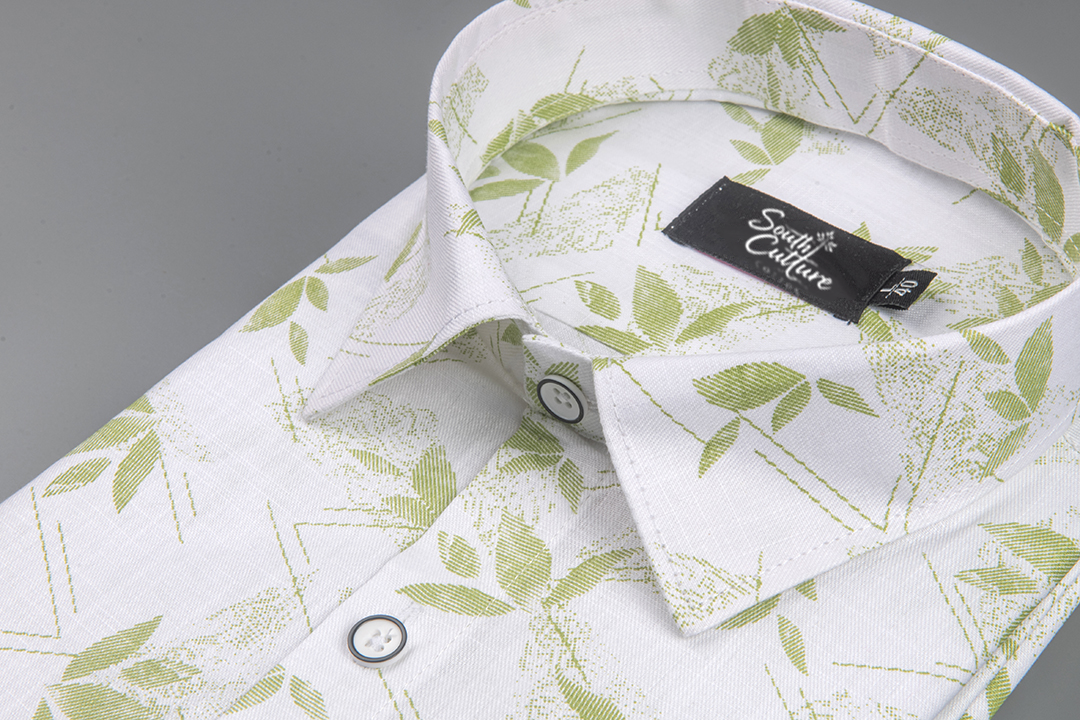 Turkey Linen in White with Spring Green Leaf Print