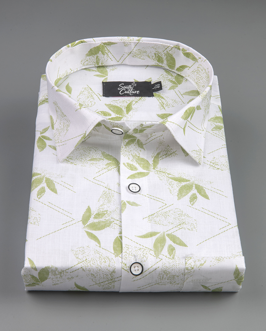 Turkey Linen in White with Spring Green Leaf Print