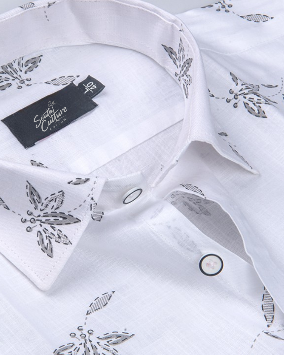 Turkey Linen White with Gray Big Leaf Print