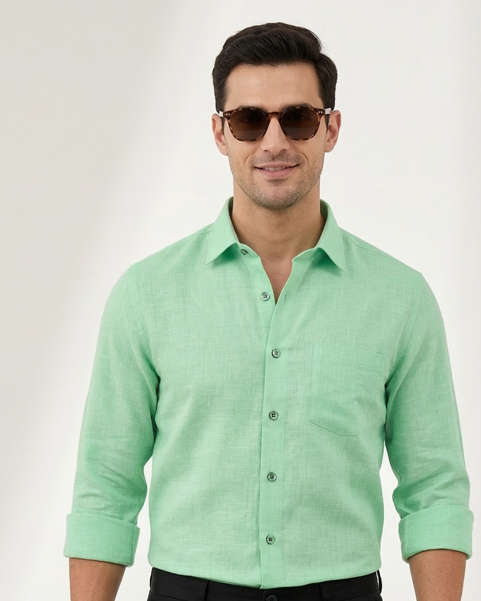 Premium Linen Blend Parrot Green Colour Men's Shirt