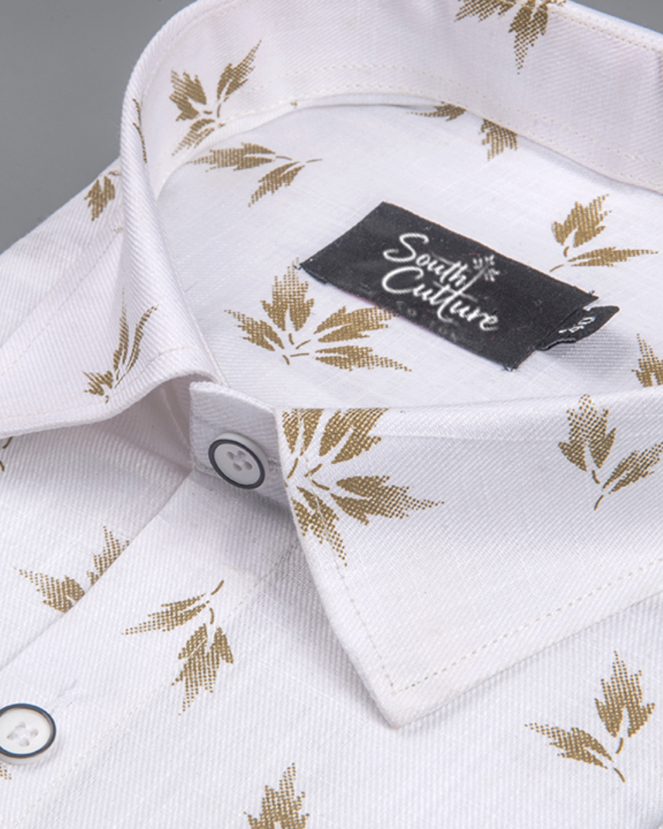 Turkey Linen White with Brown Leaf Print