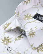 White Cotton Shirt with Olive Palm Leaf Print Men's Shirt