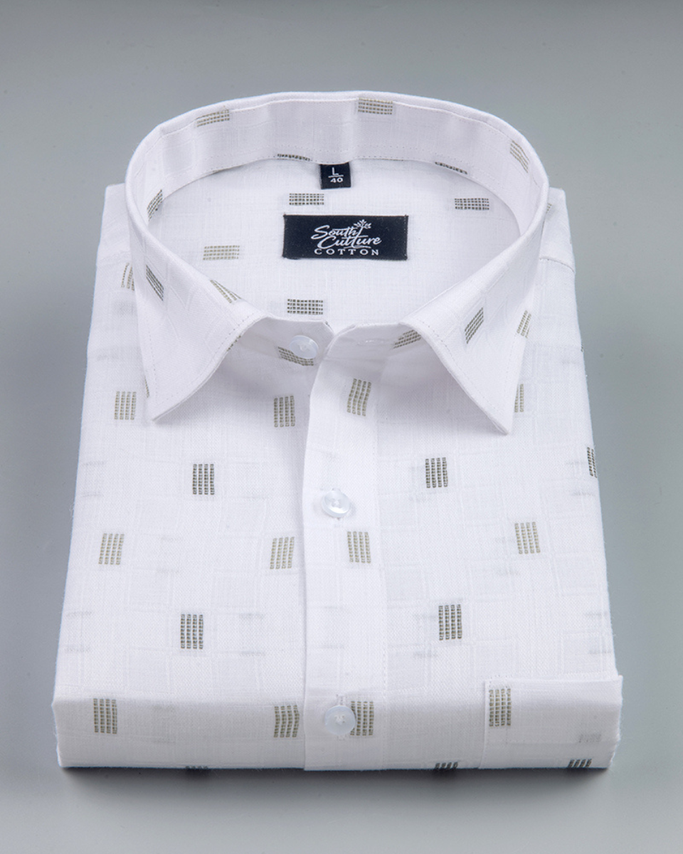Linen Butta Mini Bar Print Olive Gray Men Shirt