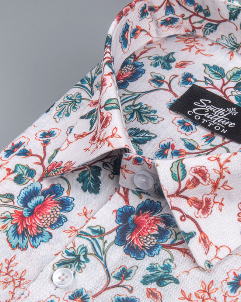 Italian Linen Floral Vine Print Rama Red Mix