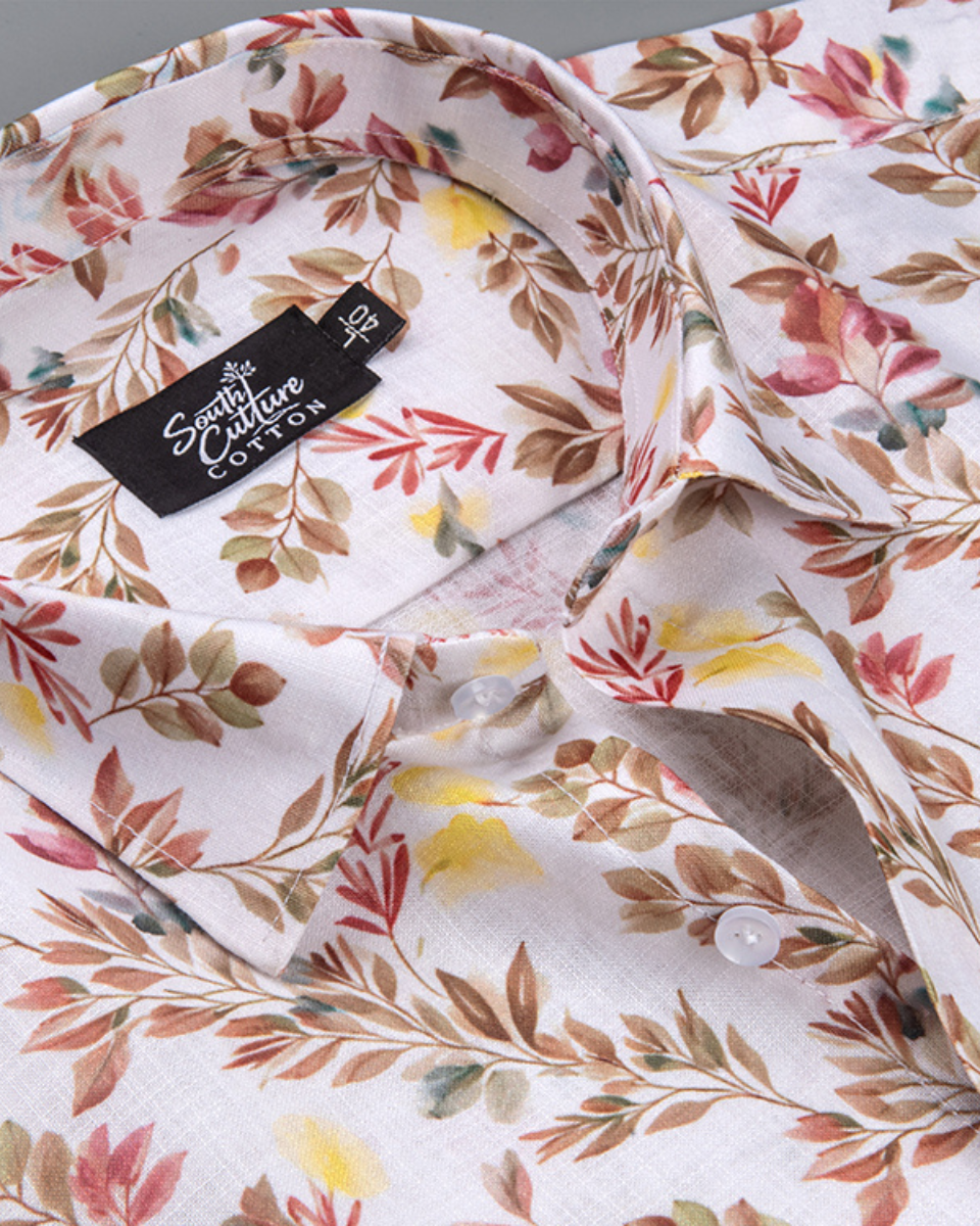 Italian Linen Floral Spring Print Yellow Rust Mix