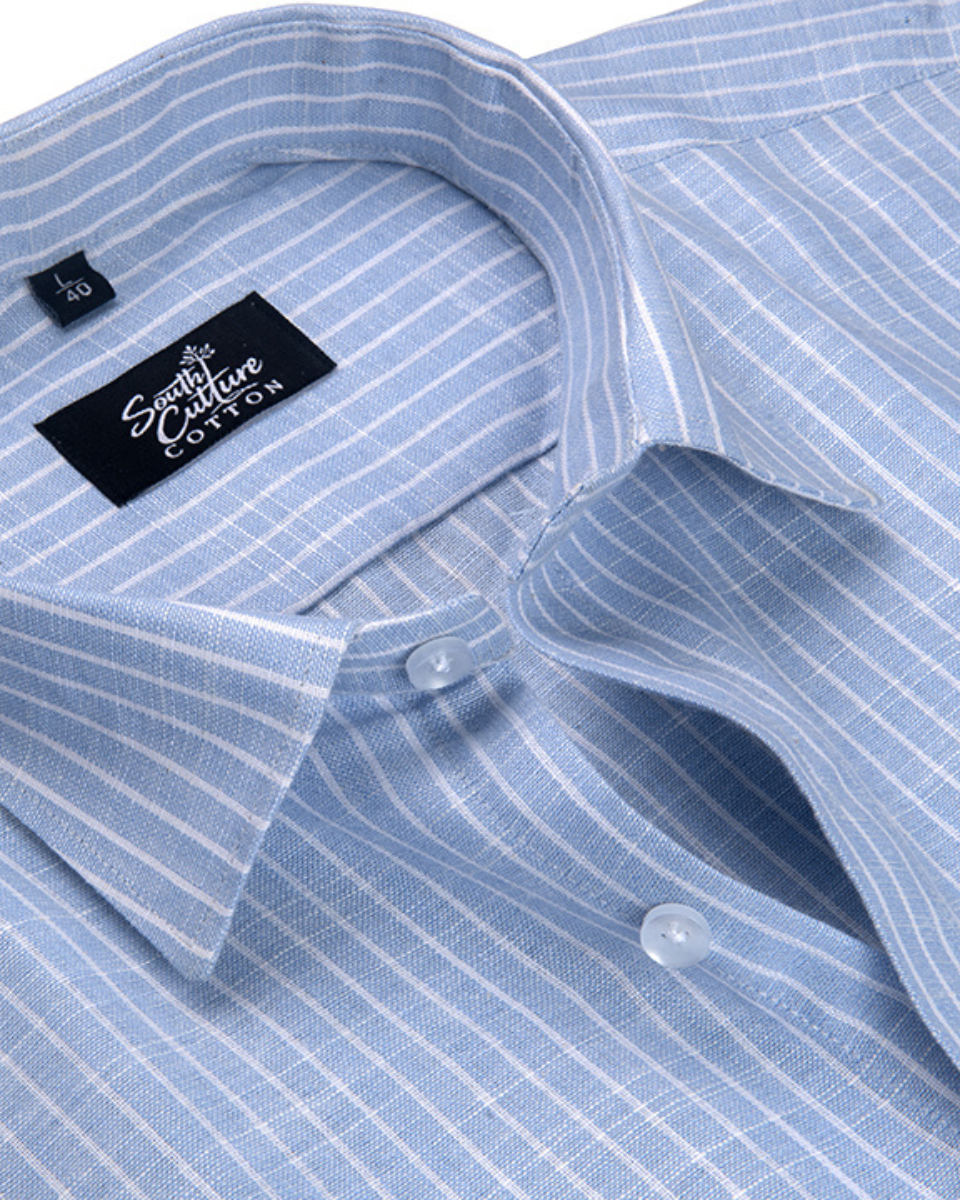 Light Sky Blue Cotton Shirt With Fine White Stripe Men Shirt