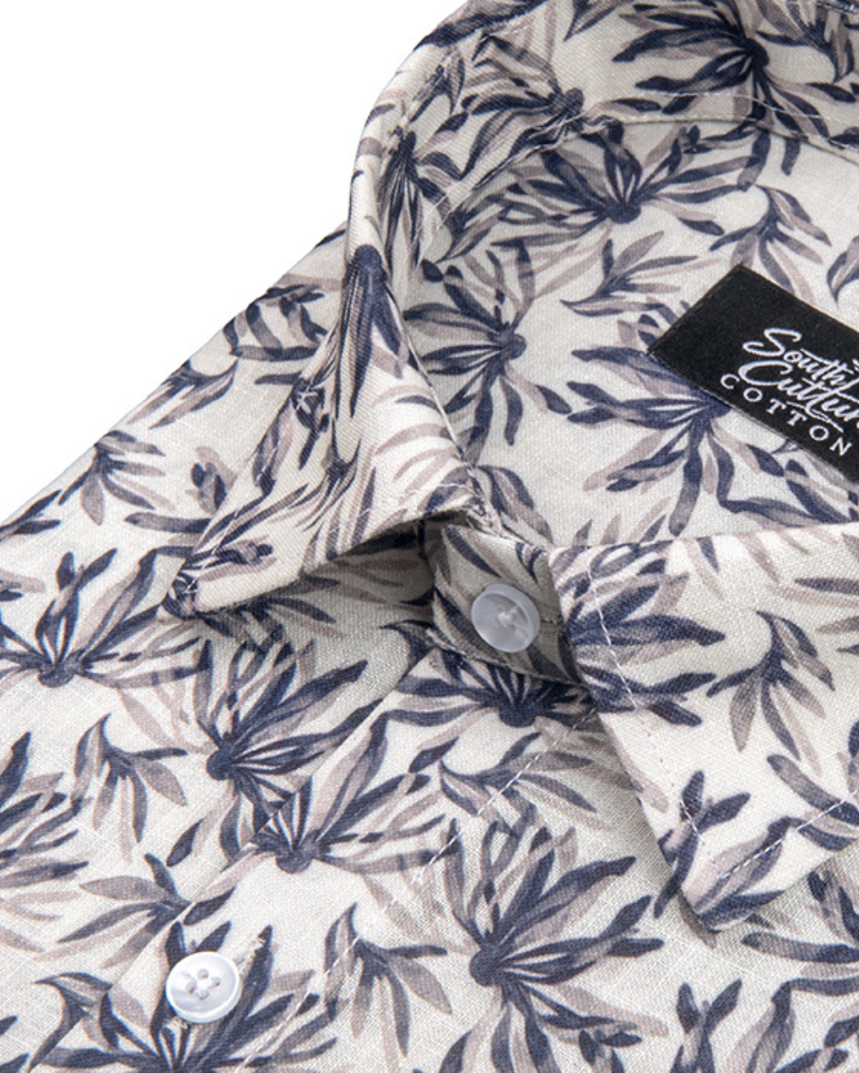 Italian Linen Midnight Leaf Print Cream with Gray Mix