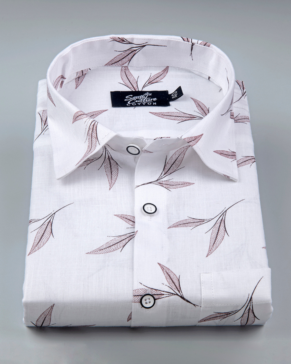 White Cotton Shirt With Brown Leaf Print Men's Shirt