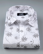 White Cotton Shirt with Grey Palm Leaf Print Men's Shirt