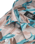 Italian Linen Multi Leaf Print Teal Blue Brown Mix