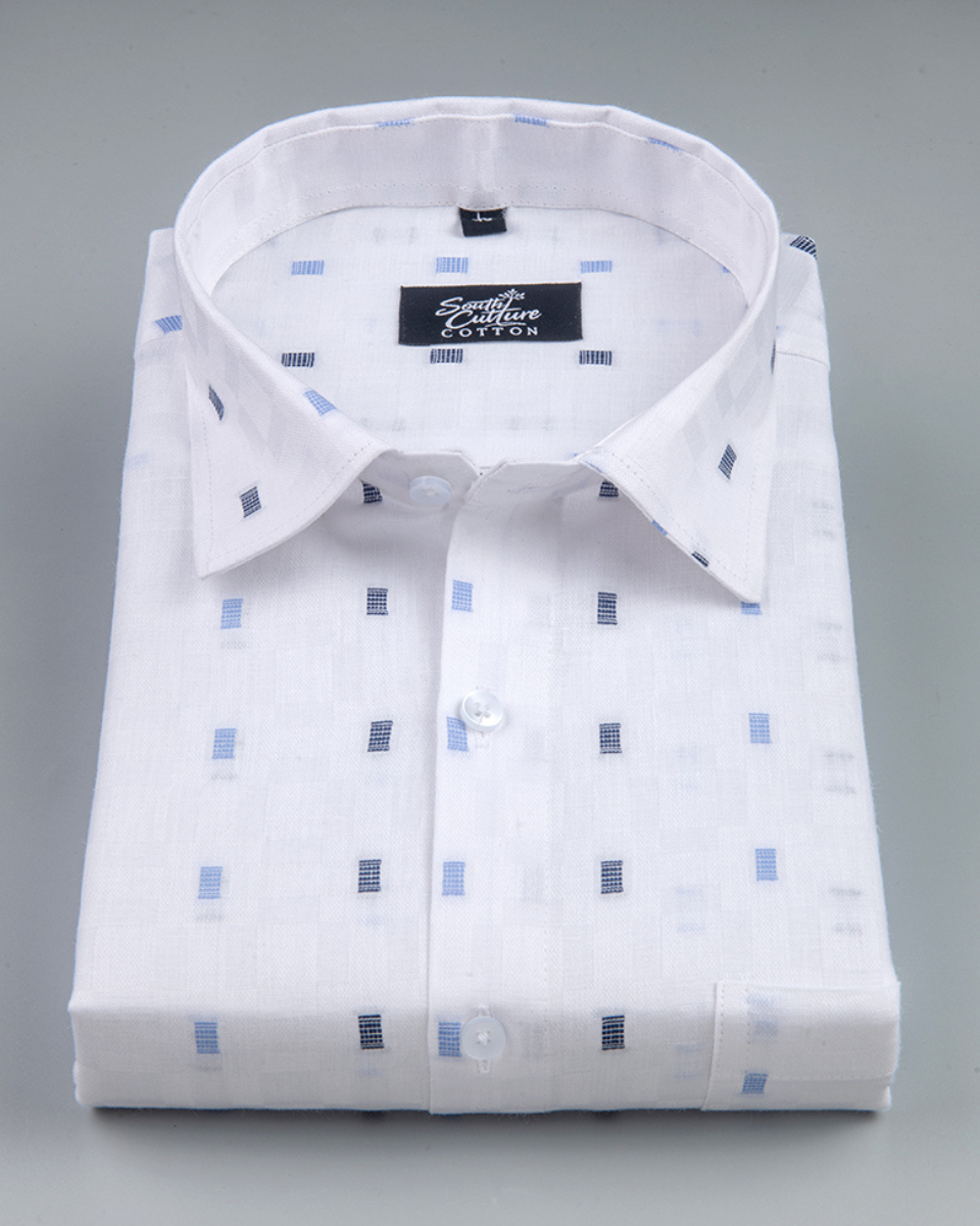 Linen Butta Mini Box Print Sky Blue Men Shirt