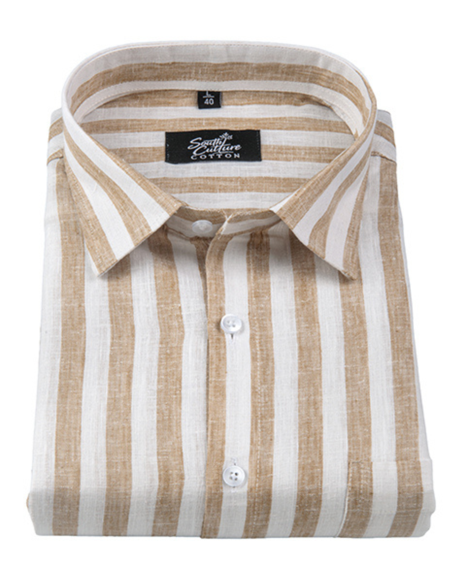 Linen White With Fawn Colour Patta Print Shirt For Men