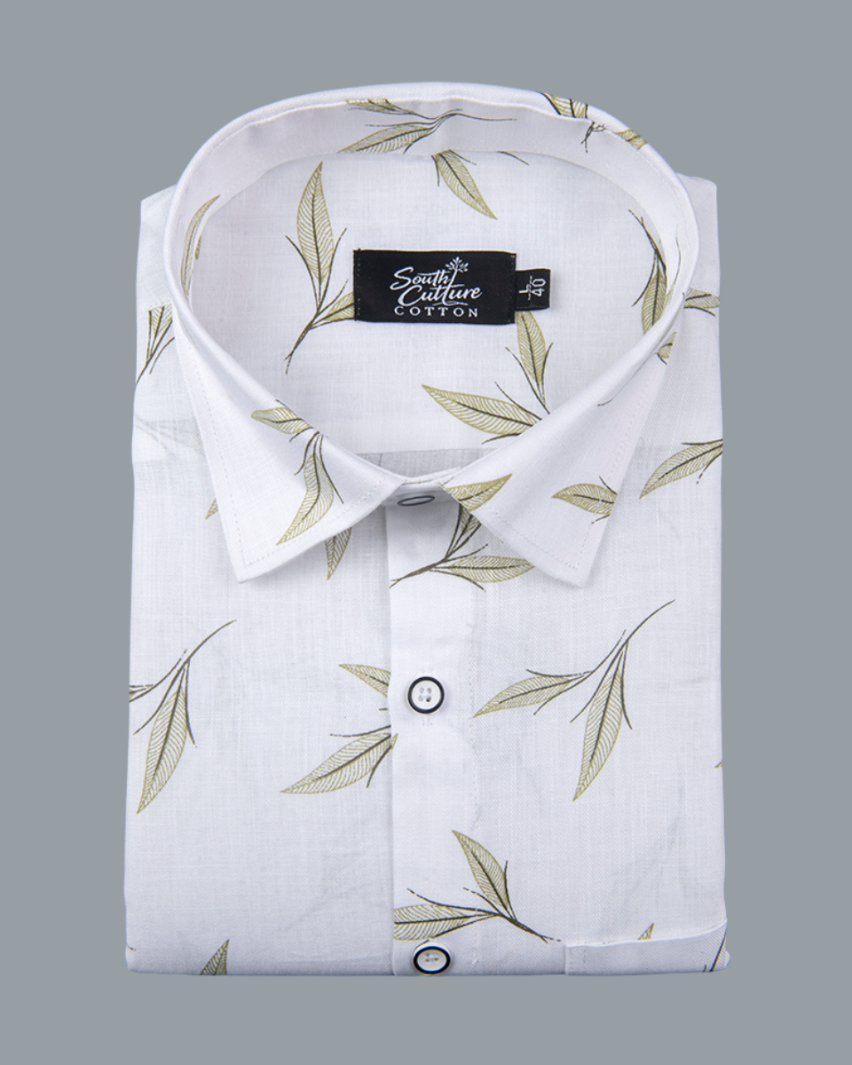 White Cotton Olive Leaf Print Men's Shirt