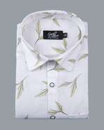White Cotton Olive Leaf Print Men's Shirt