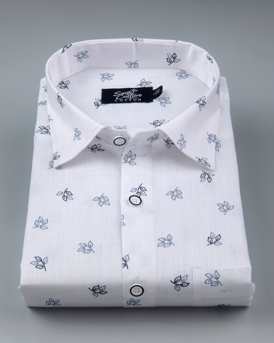 White Cotton Shirt with Small Navy Blue Leaf Print Men's Shirt