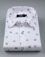 White Cotton Shirt with Small Navy Blue Leaf Print Men's Shirt