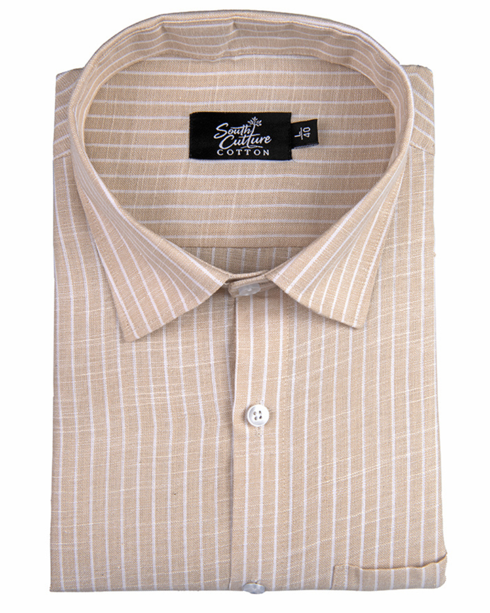 Fawn Colour Cotton Shirt With Fine White Stripe