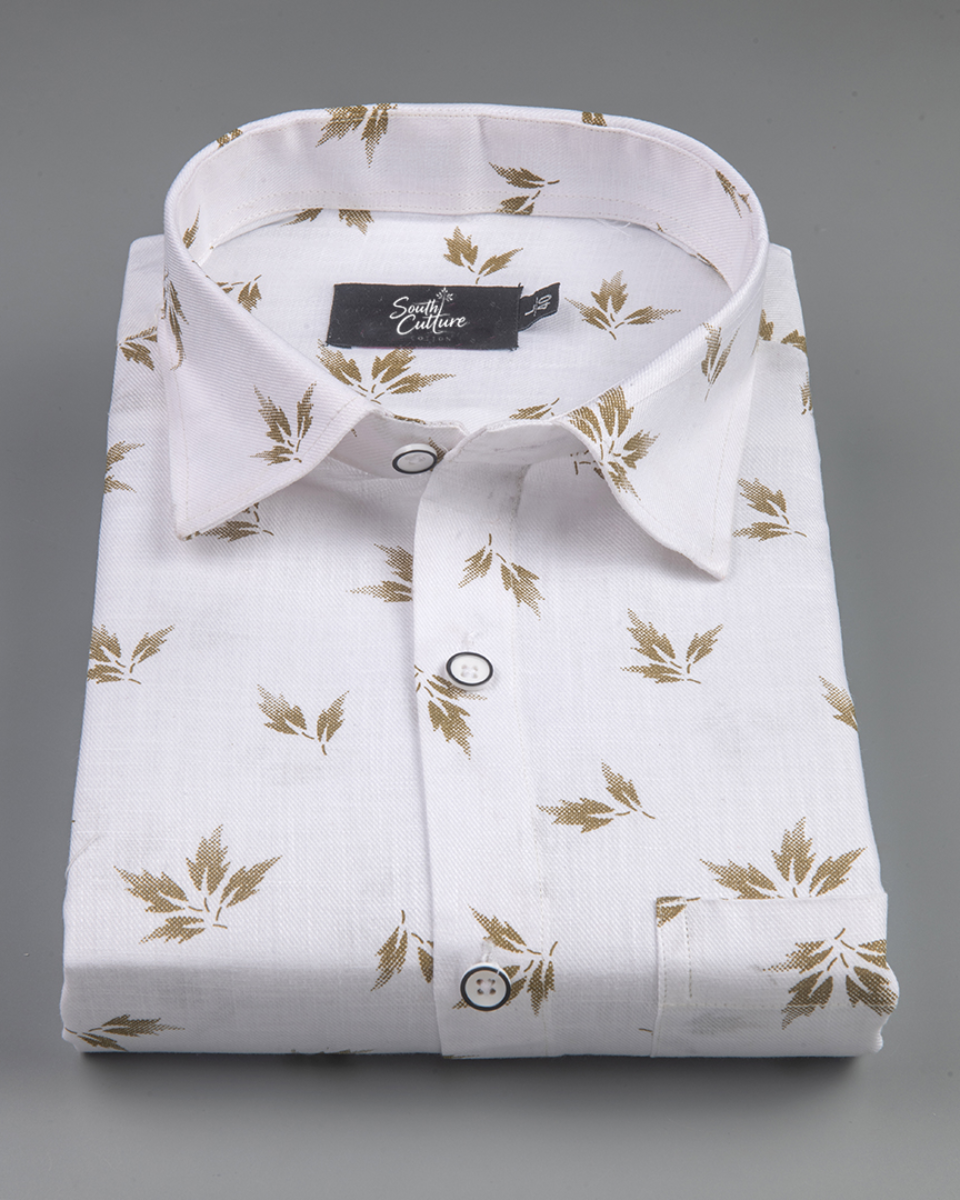 Turkey Linen White with Brown Leaf Print
